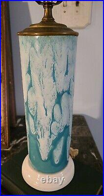 Old Vtg Drip Glaze Lamp Ceramic Brass Turquoise Blue White Mid Century Modern