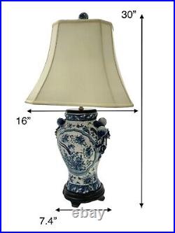 Oriental White Blue Lamp with Bird & Flower Porcelain Design Vintage Decor