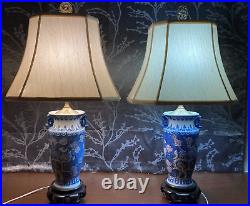 Oriental White Blue Pink Lamps with Bird & Flower Porcelain Design Vintage Set