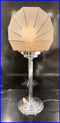 Original Art Deco Chrome Table Lamp with Sunray Glass Shade
