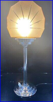 Original Art Deco Chrome Table Lamp with Sunray Glass Shade