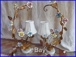 Ornate Vintage French Boudoir Porcelain Floral Roses Gold Gilt Table Lamp Set