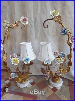 Ornate Vintage French Boudoir Porcelain Floral Roses Gold Gilt Table Lamp Set
