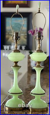 Outstanding Vintage Pair of Green Opaline Glass Table Lamps