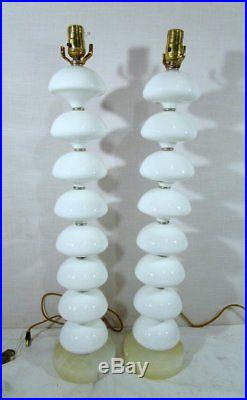PAIR OF VINTAGE Mid Century RETRO MODERN STACKED WHITE MURANO Art GLASS LAMPS