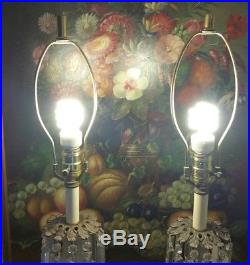 PAIR VINTAGE BRASS BRONZE TABLE LAMP CANDELABRA CRYSTAL CHANDELIER WithPRISMS