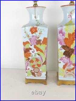 PAIR Vintage 1960s Paul Hanson Chinoiserie Colorfully Decorated Brass Base Lamps
