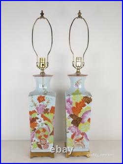 PAIR Vintage 1960s Paul Hanson Chinoiserie Colorfully Decorated Brass Base Lamps