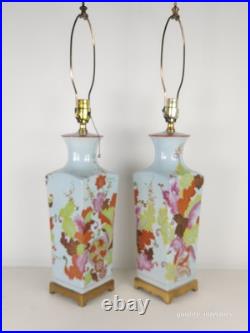 PAIR Vintage 1960s Paul Hanson Chinoiserie Colorfully Decorated Brass Base Lamps