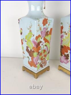 PAIR Vintage 1960s Paul Hanson Chinoiserie Colorfully Decorated Brass Base Lamps