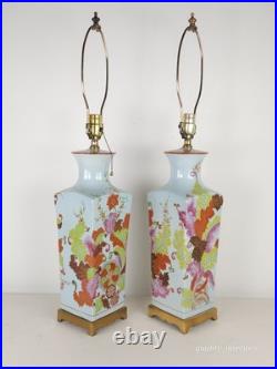 PAIR Vintage 1960s Paul Hanson Chinoiserie Colorfully Decorated Brass Base Lamps