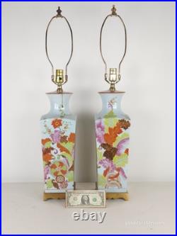 PAIR Vintage 1960s Paul Hanson Chinoiserie Colorfully Decorated Brass Base Lamps