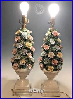 PAIR Vintage Capodimonte Porcelain Flower Table Lamps Italy Tower Carerra Marble