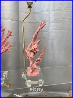 PAIR Vintage Lucite Coral Pink Sculptural Table Lamps Hollywood Regency MCM CHic