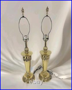 PAIR of Stiffel Brass Lamps Ornate Feather Detail Heavy 13 lbs each VTG