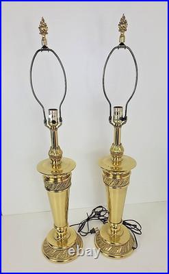 PAIR of Stiffel Brass Lamps Ornate Feather Detail Heavy 13 lbs each VTG