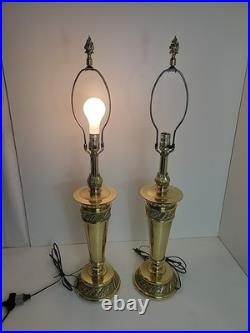 PAIR of Stiffel Brass Lamps Ornate Feather Detail Heavy 13 lbs each VTG