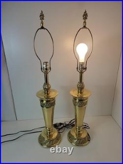 PAIR of Stiffel Brass Lamps Ornate Feather Detail Heavy 13 lbs each VTG