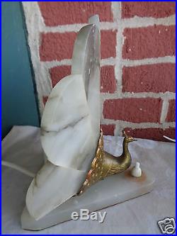 PAIR of VINTAGE ART DECO WHITE MARBLE GOLD GILT PEACOCK BOUDOIR TABLE LAMP