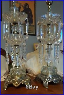 PAIR of Vintage Lead Crystal Cut Bouldier Lamps / 32 cut Glass pointed Prisms