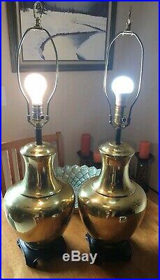 PAIR vintage Brass Table Lamps ASIAN style GINGER JAR hollywood Regency PALM Set