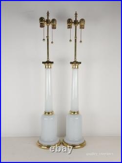 PR Paul Hansen Vintage 1960s White Opaline Glass & Brass MCM Marbro Style Lamps