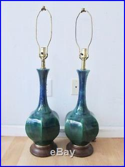 PR Vtg Mid Century Modern Blue Green Drip Glaze Genie Bottle Art Pottery Lamps