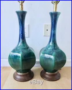 PR Vtg Mid Century Modern Blue Green Drip Glaze Genie Bottle Art Pottery Lamps