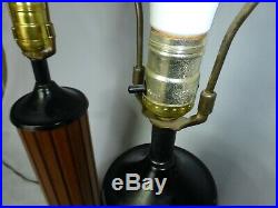 Pair (2) Mid Century Modern Vintage GRUVWOOD Lamps Walnut Black Metal Eames Era