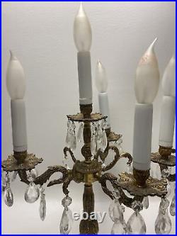 Pair 2 Vintage Brass Candelabras ELECTRIC Lamps With Prisms New Wiring/Tubes Works