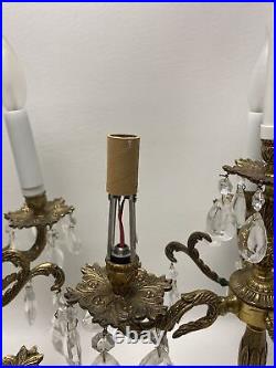 Pair 2 Vintage Brass Candelabras ELECTRIC Lamps With Prisms New Wiring/Tubes Works