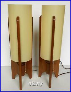 Pair 2 Vintage Danish Modern Teak Wood Rocket Table Mantle Lamps 19 Tall MCM