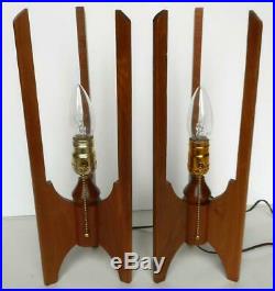 Pair 2 Vintage Danish Modern Teak Wood Rocket Table Mantle Lamps 19 Tall MCM