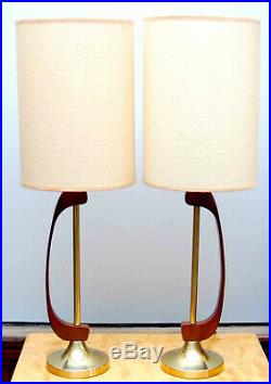 Pair 2 Vintage MID Century Danish Modern Teak Brass Table Lamp Eames Atomic Age