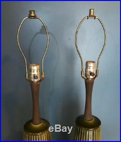 Pair 2 Vintage Mid Century Modern MCM Green Glaze Ceramic & Wood Art Table Lamps