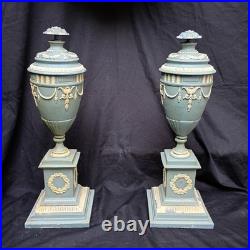 Pair 2 Vtg Hollywood Urns Lamps Table base Metal Jasperware English Style Metal