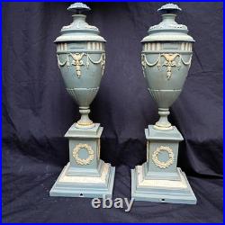 Pair 2 Vtg Hollywood Urns Lamps Table base Metal Jasperware English Style Metal