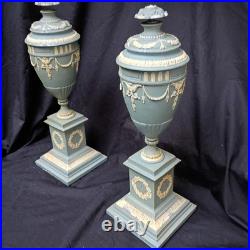 Pair 2 Vtg Hollywood Urns Lamps Table base Metal Jasperware English Style Metal