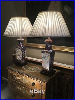 Pair Antique Vintage Chinese Porcelain Table Lamps With Silk Shades