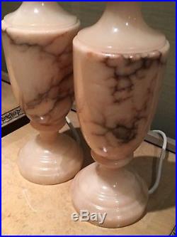 Pair Aof Antique Vintage Pink, veined Alabaster, marble Table Lamps