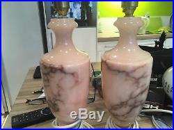 Pair Aof Antique Vintage Pink, veined Alabaster, marble Table Lamps