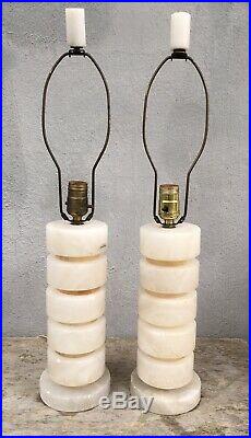 Pair Art Deco Carved TABLE LAMPS White Alabaster Vintage