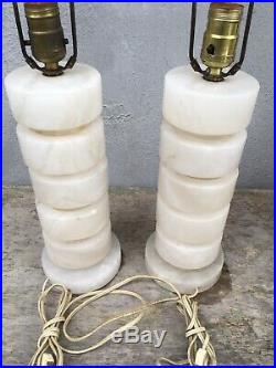 Pair Art Deco Carved TABLE LAMPS White Alabaster Vintage