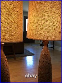 Pair Large MCM Wood CORK Lamps Vintage Mid Century Modern Retro Tall Table Lamps