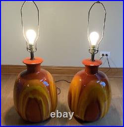 Pair Large Vintage Midcentury Orange Ceramic Drip Glaze Lamps MCM 36'