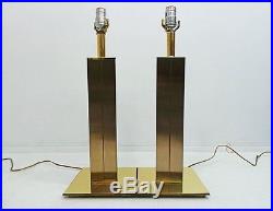 Pair Mid Century Modern Cityscape Geometrical Brass Table Lamps Mastercraft vtg