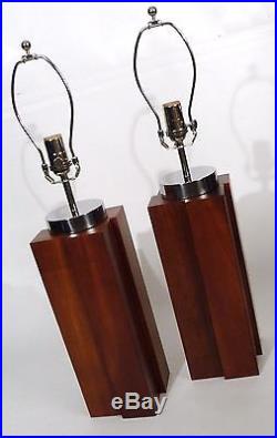 Pair Mid-century Modernist Solid Cherry Architectural Retro Vintage Lamps