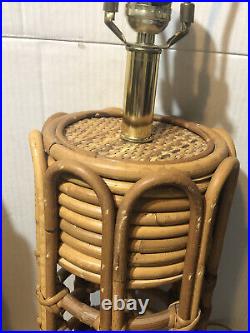 Pair Of Boho Rattan Bamboo Vintage Table Lamps Made In Indonesia Round Scallop