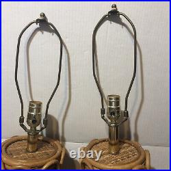 Pair Of Boho Rattan Bamboo Vintage Table Lamps Made In Indonesia Round Scallop