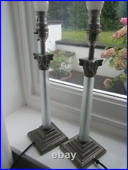 Pair Of Laura Ashley Vintage Lamp Bases In Antique Nickel/glass Stem 39 Cms High